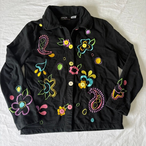 Onque Casuals Jackets & Blazers - Onque Casuals Black Cotton Embroidered Floral Paisley Button Front Jacket Small